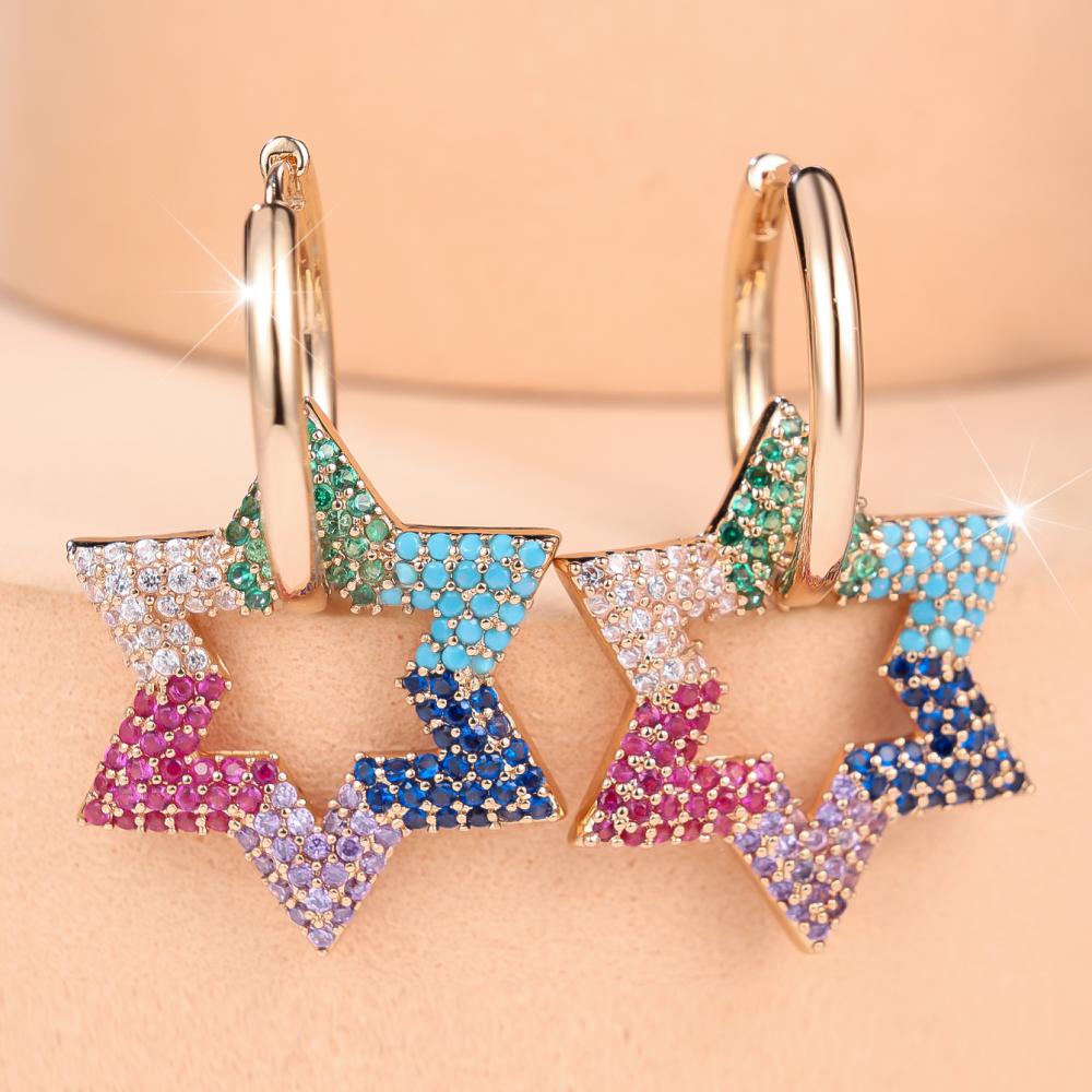 Gorgeous Gold Color Multicolor Zircon Hexagram Dangle Earrings for Women Daily Wear and Party