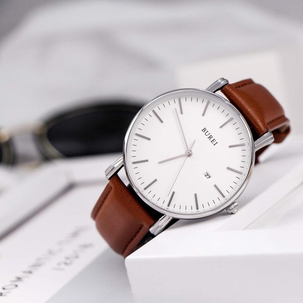 BUREI Men's Leather Watch, Simple Business Style, Waterproof, Analog, Stylish, Popular, Date Display, Slim Fit, Size M