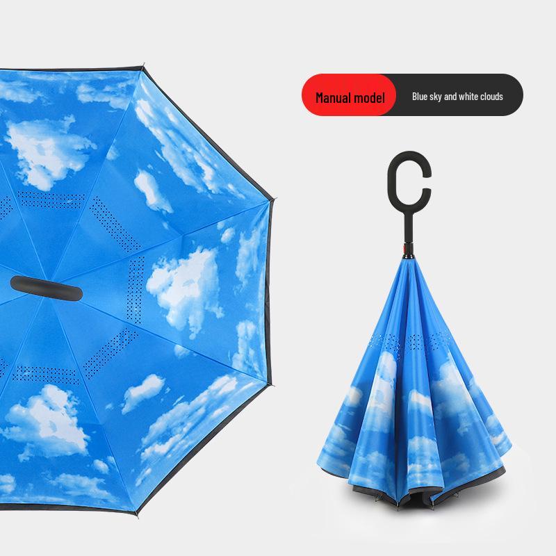 Custom Reverse Car Umbrella with Hands-Free C-Shaped Handle - Business Long Handle Umbrella with Logo Print for Men