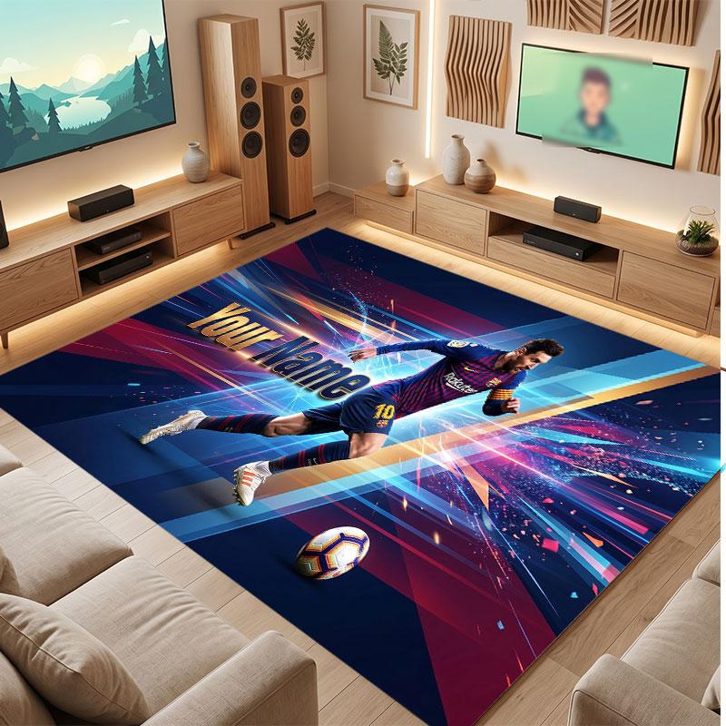 Tappeto Personalizzato in Velluto di Cristallo Lionel Messi, Stampa Testo Nome Personalizzato, Logo Calcio Morbido Antiscivolo Tappetino per Pavimento Decorazione Casa Regalo