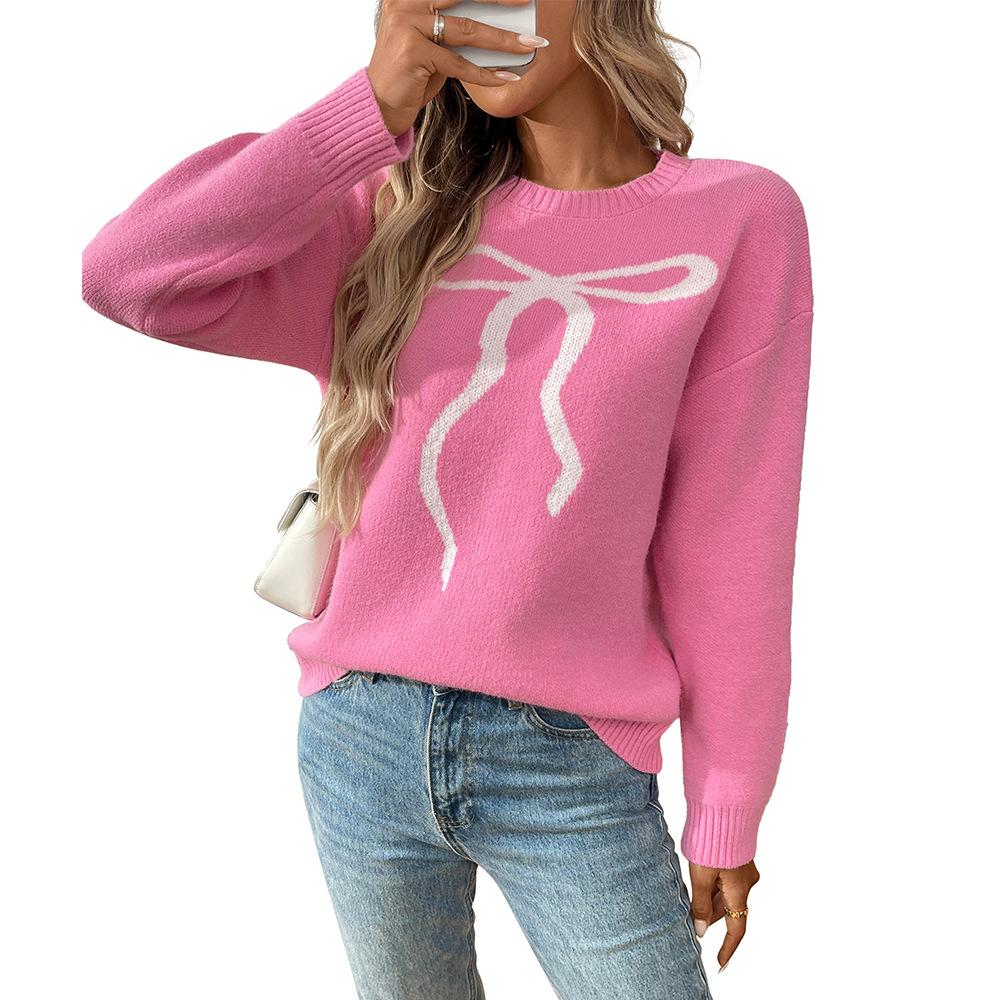 Spring and Autumn Cute Casual Bow Printed Round Neck Women's Sweaters