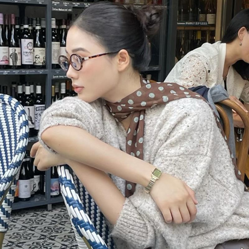 2025 new Ins style brown chiffon polka dot long silk scarf multifunctional accessory neck women's headband tie hair towel