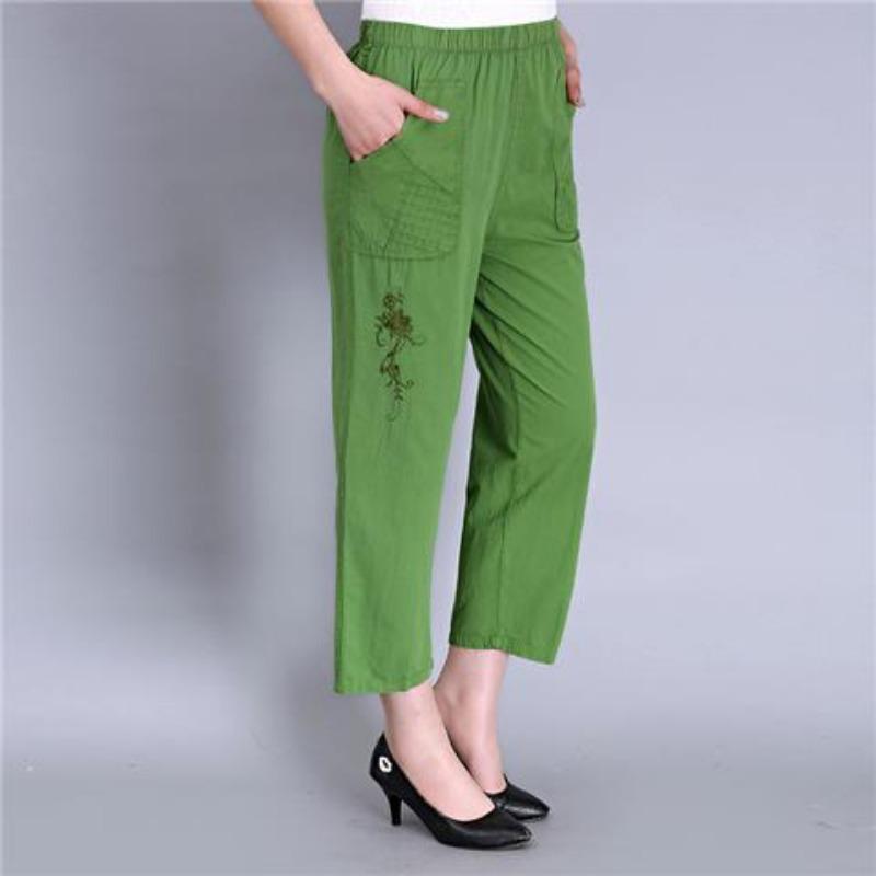 Women's Cropped Pants with Elastic High Waisted Cotton and Loose Fit for The Elderly In Summer