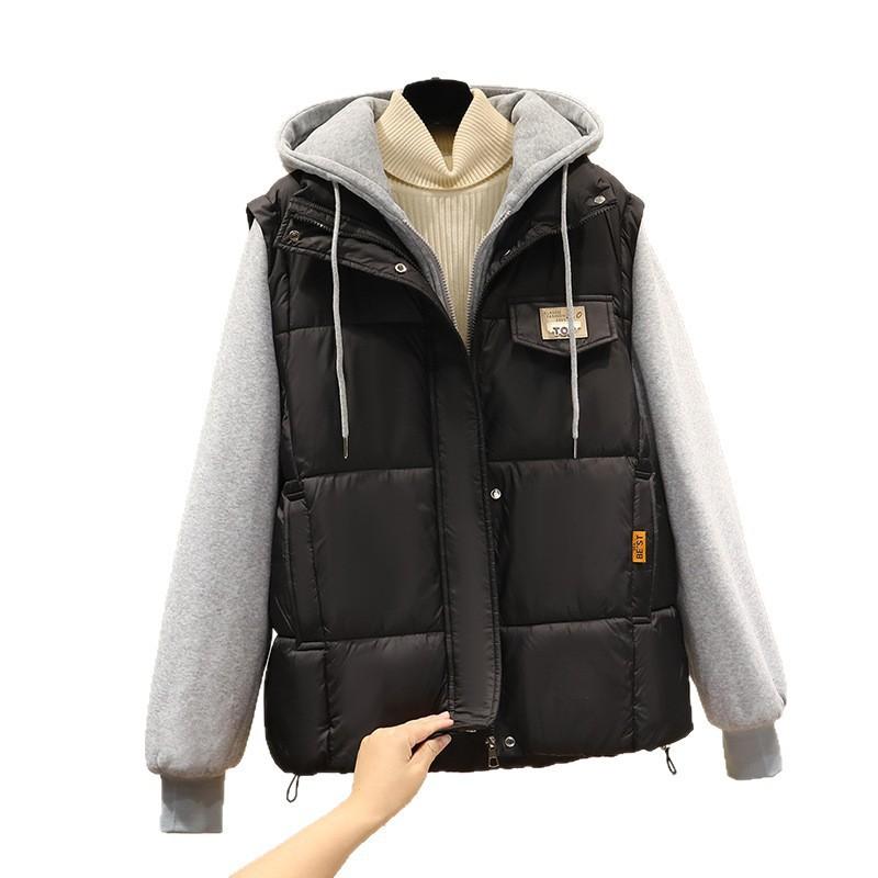 Womens Knit Spliced Fake Two-Piece Puffer Jacket Short Hooded Cotton Coat Winter 2025