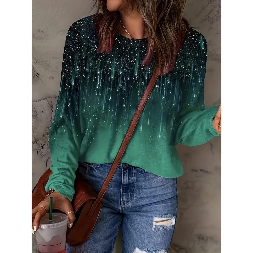 

Spring and Autumn Round Neck 3D Starry Sky Printed Top Fashionable Casual Long Sleeved Women s T-shirts S