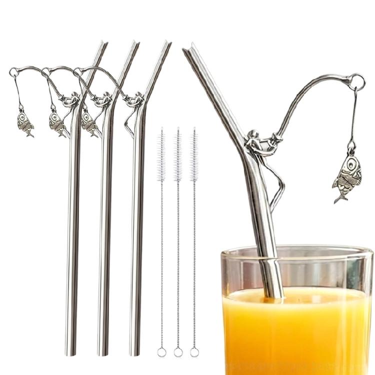 Decorative Fishing Design Charm Metal Straw Beverage Drinking For Restaurants Cafes And Home Kitchens Dishwasher Safe