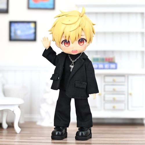 Obitsu 11 OB11 Size Outfit for Obitsu Dolls (11cm Body) Loose-Fitting Suit Set (Top and Bottoms, T-Shirt, Necklace) - 4-Piece Set (4 Colors) (Black A)