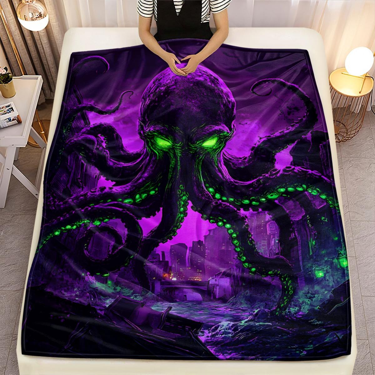 Giant Purple Octopus with Green Eyes Cityscape Background Fleece Blanket Dark Fantasy Art Soft Plush Throw Blanket for Gothic 75x90cm