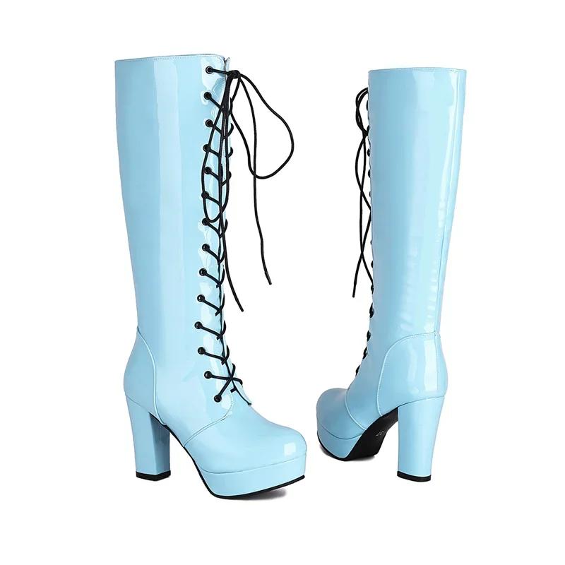 Shiny Gold Red Patent Leather Knee High Boots Women Thick Heels Dress Party Sexy Lady Lace-up Zipper Platform Long Riding Boots