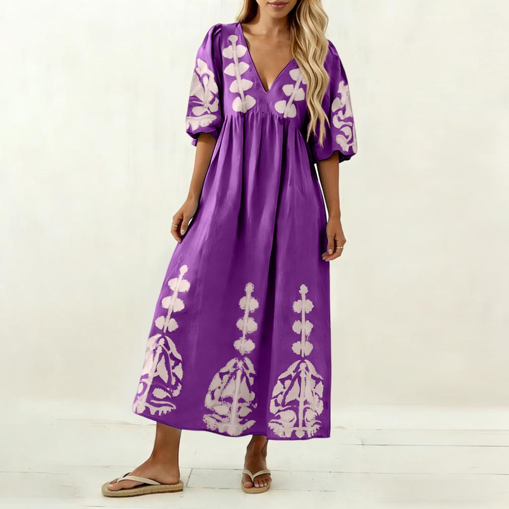 Abito Casual da Donna alla Moda con Scollo a V, Maniche a Bolla, Stampa Floreale, Vestibilità Larga, Schiena Svuotata, Manica a Tre Quarti