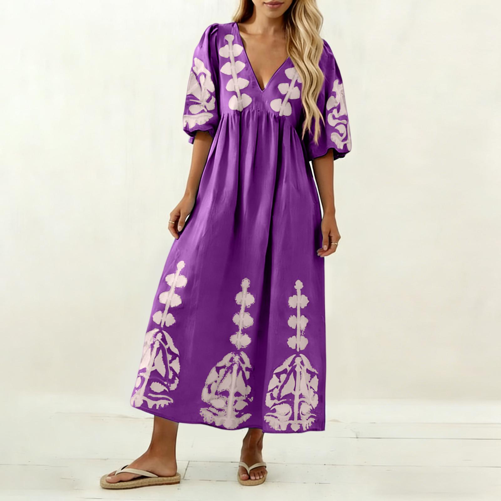 

Women’s V Neck Bohemian Embroidered Maxi Dress Loose Fit Three Quarter Sleeve Print Casual Long Dress S фіолетовий