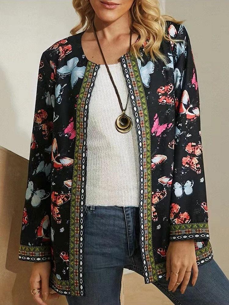 Women's Crew Neck Long Sleeve Cardigan Oversized Vintage Ethnic Print Plus Size Open Front Jacket Casual Outerwear