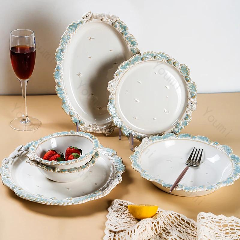 French Style Embossed Dining Plates Light Luxury Creative Ceramic Plate Set Desserts Salad Bowls Exquisite Household Tableware