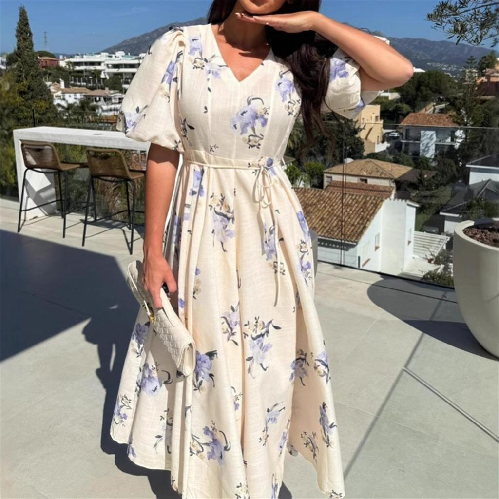 Summer New Women's Short Sleeve Printed Dresses Tie Waist Large Swing Dresses