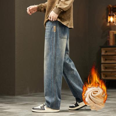 Jeans Invernali Caldi in Cotone Felpato da Uomo Pantaloni Larghi a Gamba Larga Vita Elastica Velluto Coreano Floccato Outdoor