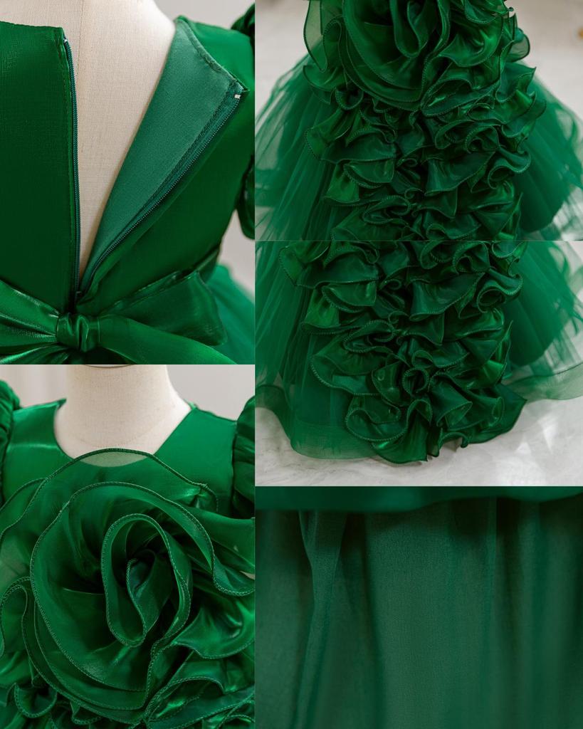 Girls' 3D Flower Princess Dress: First Birthday Puff Sleeves and Puffy Skirt