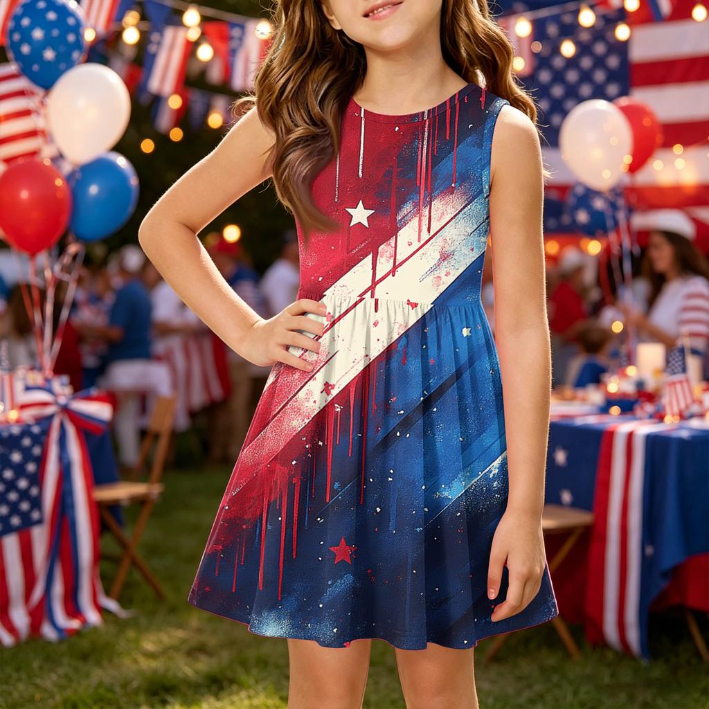 Girls' Summer Princess Dress - A-Line Vest Splice Dress Independence Day
