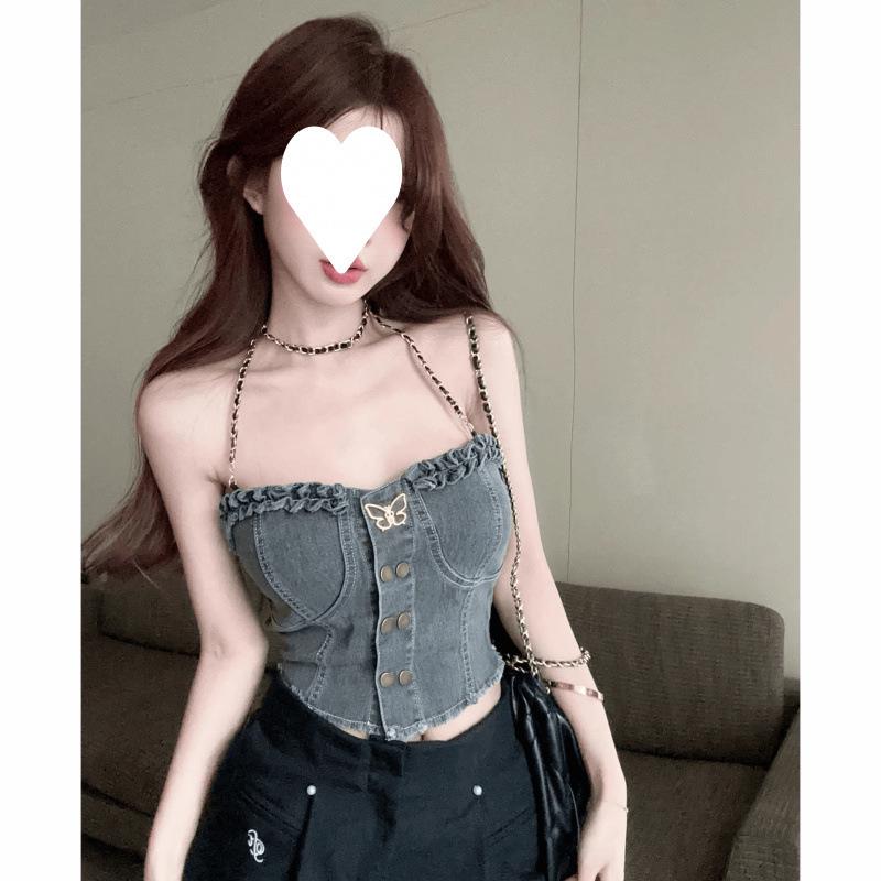 

Women s American Jazz Denim Suspender Vest - Summer One-Shoulder Bandeau, Thai Sweet & Spicy Style, with Tag M