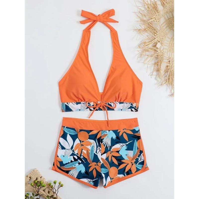Fashion Printed Swimsuit Women Spliced Lace Up Sporty Surfing Bikini Set Bathing Suit Beachwear Swimwear Female Swimming Suits