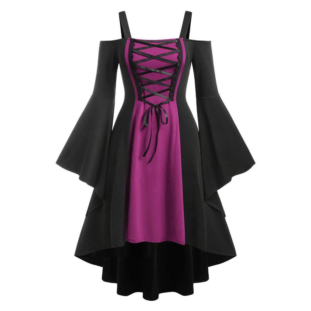 Fashion Women Colorblock Lace Sling Dress Square Neck Tie Flare Sleeves Swing Dress