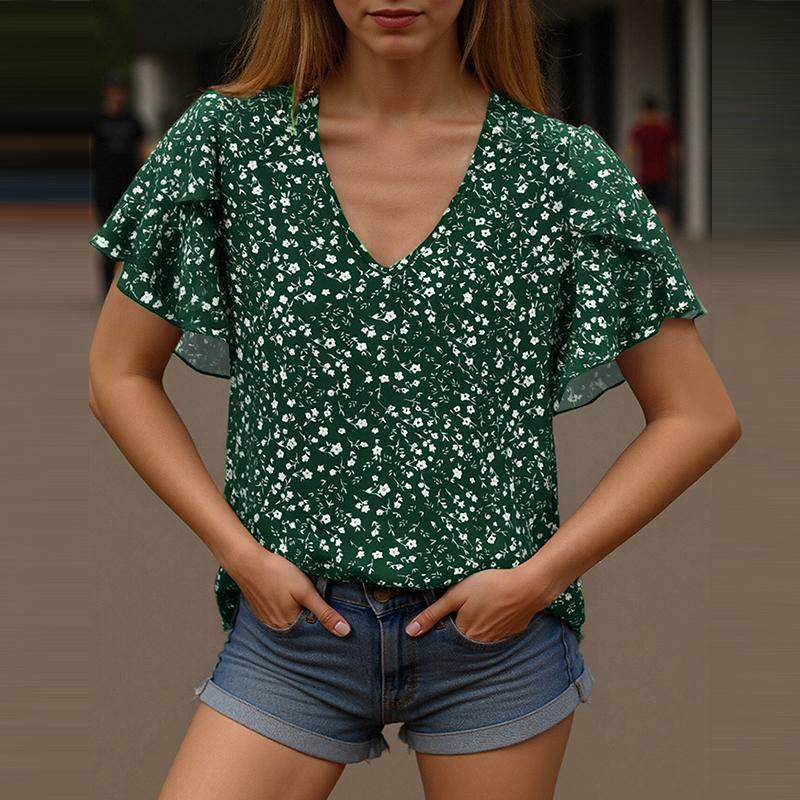 

ZANZEA Женская летняя повседневная блузка с V-образным вырезом и коротким рукавом с принтом 4XL зелёный