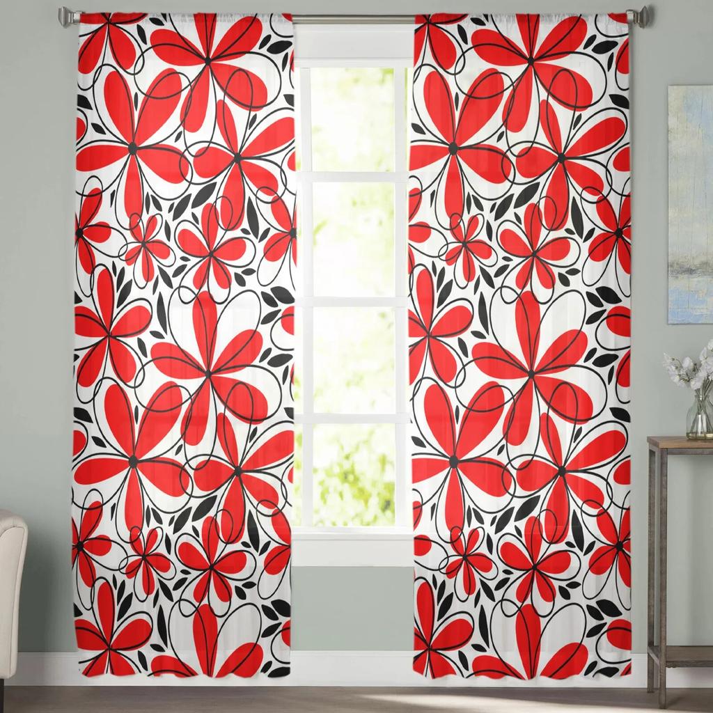 Roter Blumen-Blätter-Vorhang für Schlafzimmer, Tüll-Voile-Vorhang für Küche, Wohnzimmer, Dekor, Fensterbehandlung