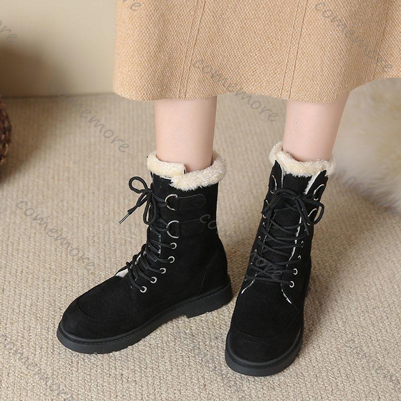 Comemore Winter Boots for Women Padded Cotton Shoes Female New Lace-up Thickened Warm Snow Boots Solid Suede Fur Botas Feminina