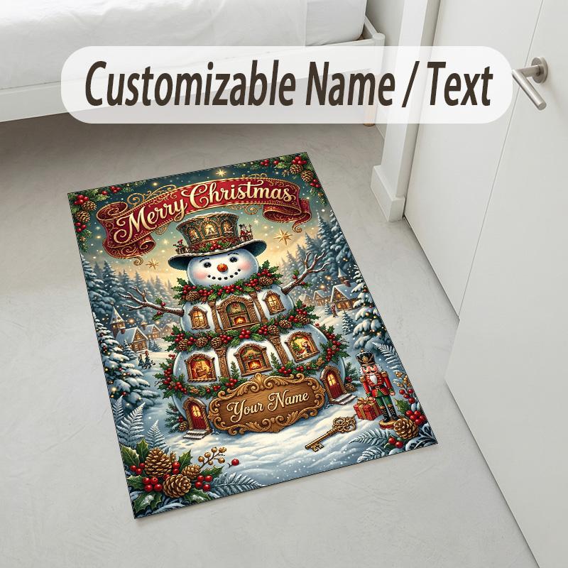 Christmas Theme Crystal Velvet Rug Personalized Custom Name Text Soft Floor Mat Home Decor
