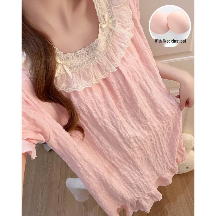 

2026 Summer Women s Short Sleeve Nightgown - Cloud Cotton with Bra Pads & Lace Trim X-Large розовый
