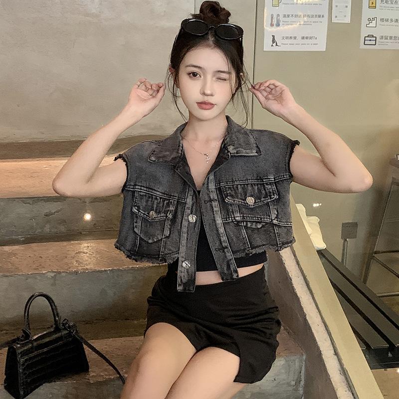 American Hot Girl Short Style Navel-baring Sleeveless Raw Edge Denim Vest Vest American Retro Sweet Cool Style Versatile Women