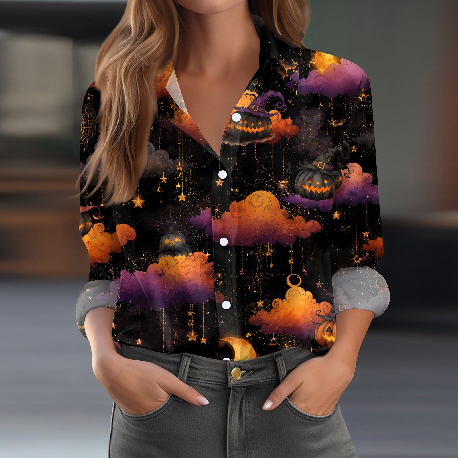 Women s Halloween Print Long Sleeve Button Down Shirt Casual Blouse XL
