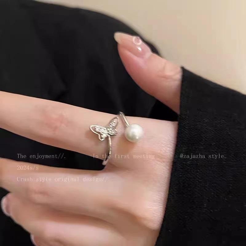 Butterfly Pearl Zircon Open Ring Niche Design Girlfriend Index Finger Ring Light Luxury Adjustable Ring