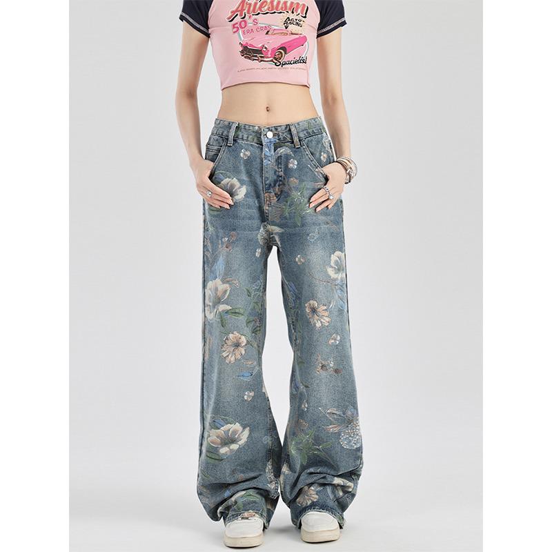 Women's High Waist Floral Print Denim Jeans - Summer 2024 Collection, Straight Wide Leg Slimming Fit.