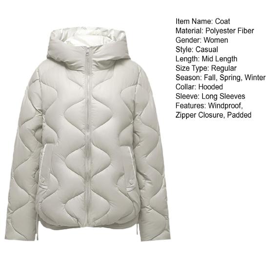 Lady Winter Down Coat Padded Windproof Hooded Long Sleeves Loose Thickened with Pockets Solid Color Neck Protection Zip-up Outdoor Cotton Coat