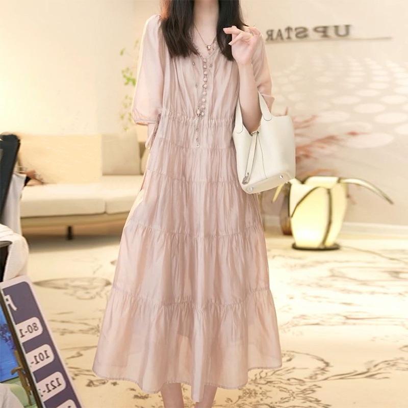 2025 Summer New Design Sense Splicing Thin Cake Skirt Retro Lady Five-quarter Sleeve Solid Color Temperament Dress