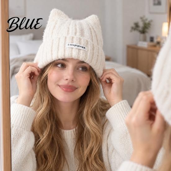 Casual Daily Headgear Cute Cat Ear Woolen Hat Soft Knitted Cap with Cuffed Gift for Her Brim Warm Elastic Headwear Winter Hat Autumn And Women