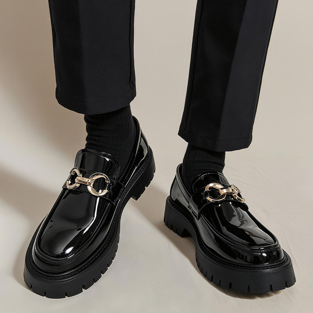 Fashion Thick Sole Men's Penny Loafers Slip-On Business Dress Shoes for Gentleman Metal Buckle Formal Black Glossy Shoes