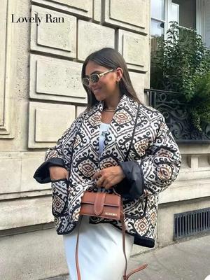 Giacca corta stampata con risvolto Giacca da donna a maniche lunghe con tasca calda Cappotto cardigan spesso Autunno Inverno Capispalla da strada femminile