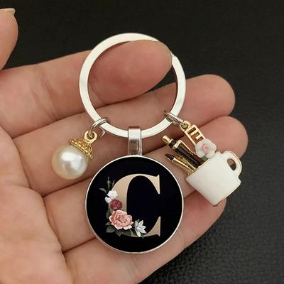 A-Z Letters Elegant Imitation Pearl Key Chain Charm Enamel 26 Letters Key Ring
