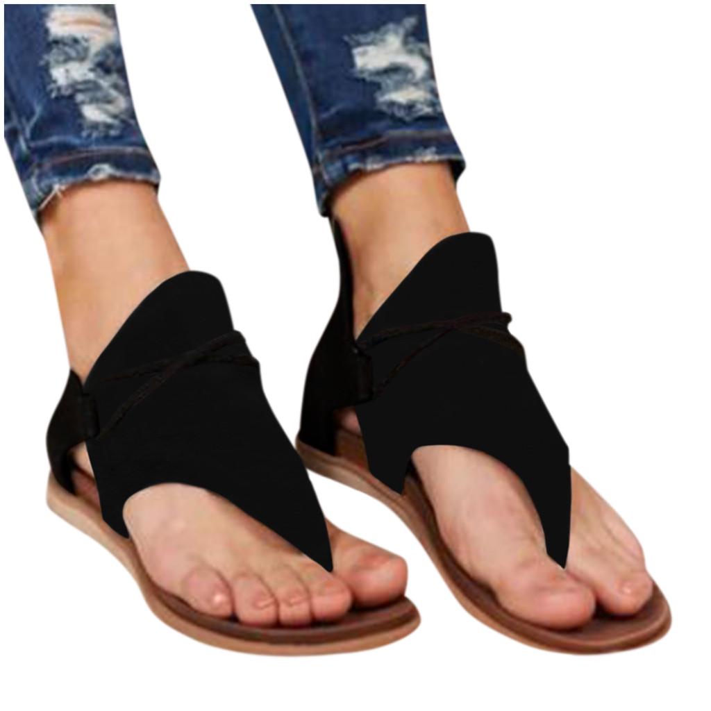 Women Summer Solid Clip-Toe Shoes Zipper Lady Casual Beach Flats Comfy Sandals