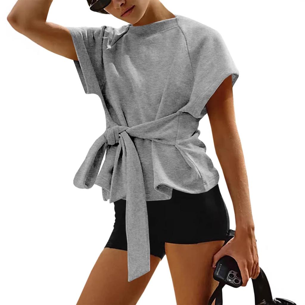 2026 European and American women's clothing women's summer new loose round neck lace-up bow sweater
