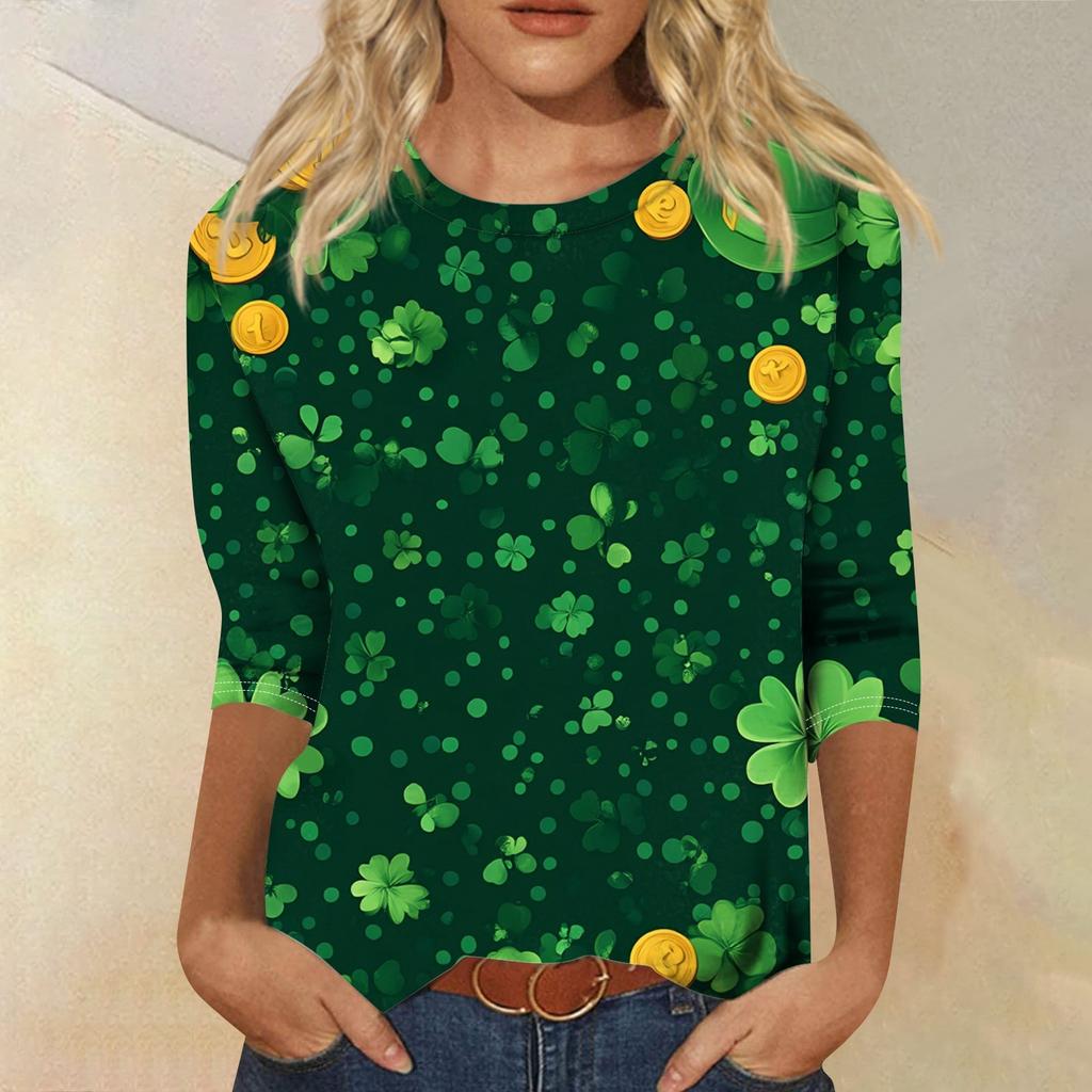 3/4 Sleeve Top Women's T-shirt Casual St. Patrick's Day Printed Top T-shirt Crew-neck Jumper