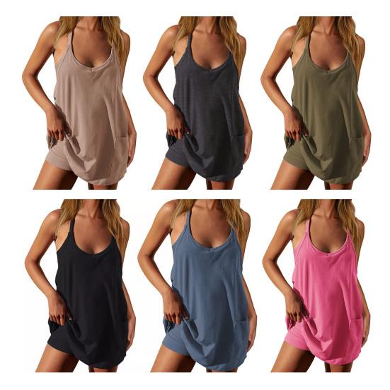 Women Athletic Dress Spaghetti Strap Sleeveless Scoop Neck Mini Romper Dress with Built-in Shorts Summer Tennis Workout Active Outfits Beach Vacation