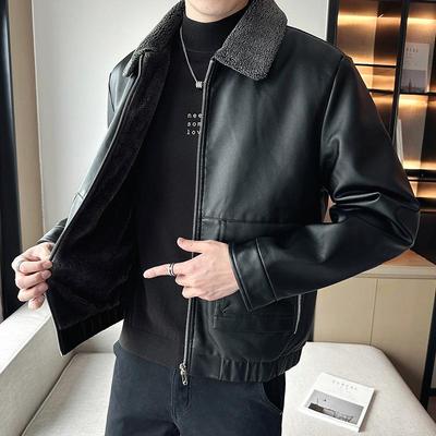 Winter Men's Leather Jacket with Plush and Thickened PU Leather Jacket Men's Short Lambskin Fur Integrated Warm Leather Jacket