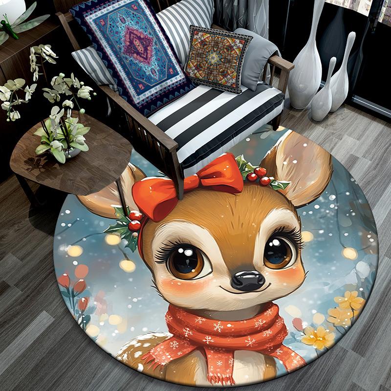 Cute Deer Round Area Rug,Carpet Rug for Living Room Bedroom Sofa Playroom Decor,Non-slip Floor Mat