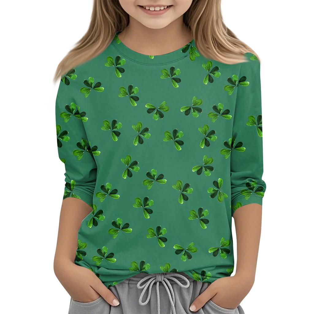 St. Patrick's Day Print Tops For Youth Girls 4-11 Years Round Neck 3/4 Sleeves T-Shirts Trendy Tops Outfit Tees