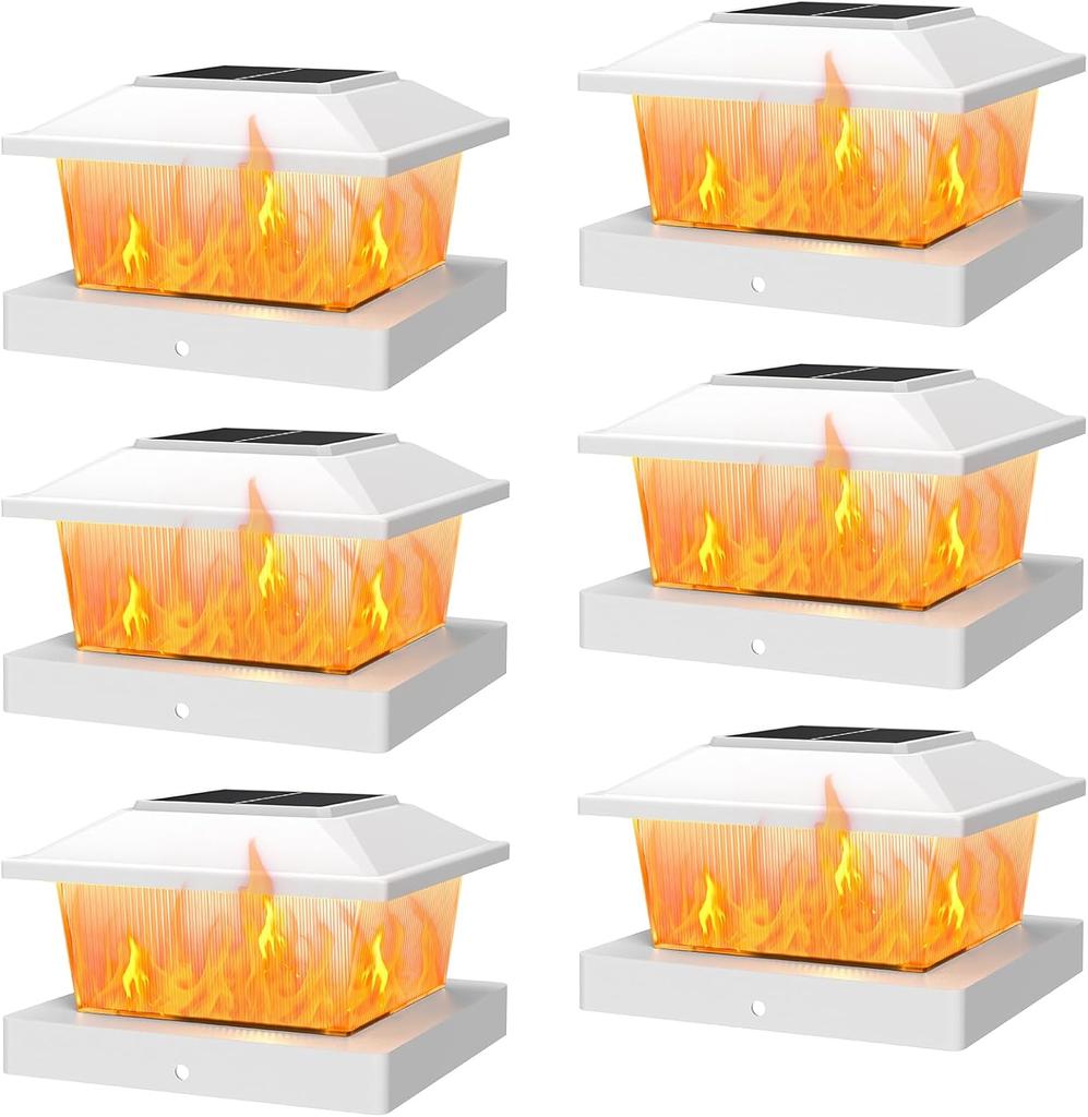 6 Pack Solar Post Cap Lights Flame Effect for 4x4 Wood/Vinyl Posts Waterproof Auto On/Off Outdoor Solar Landscape Garden Lamp