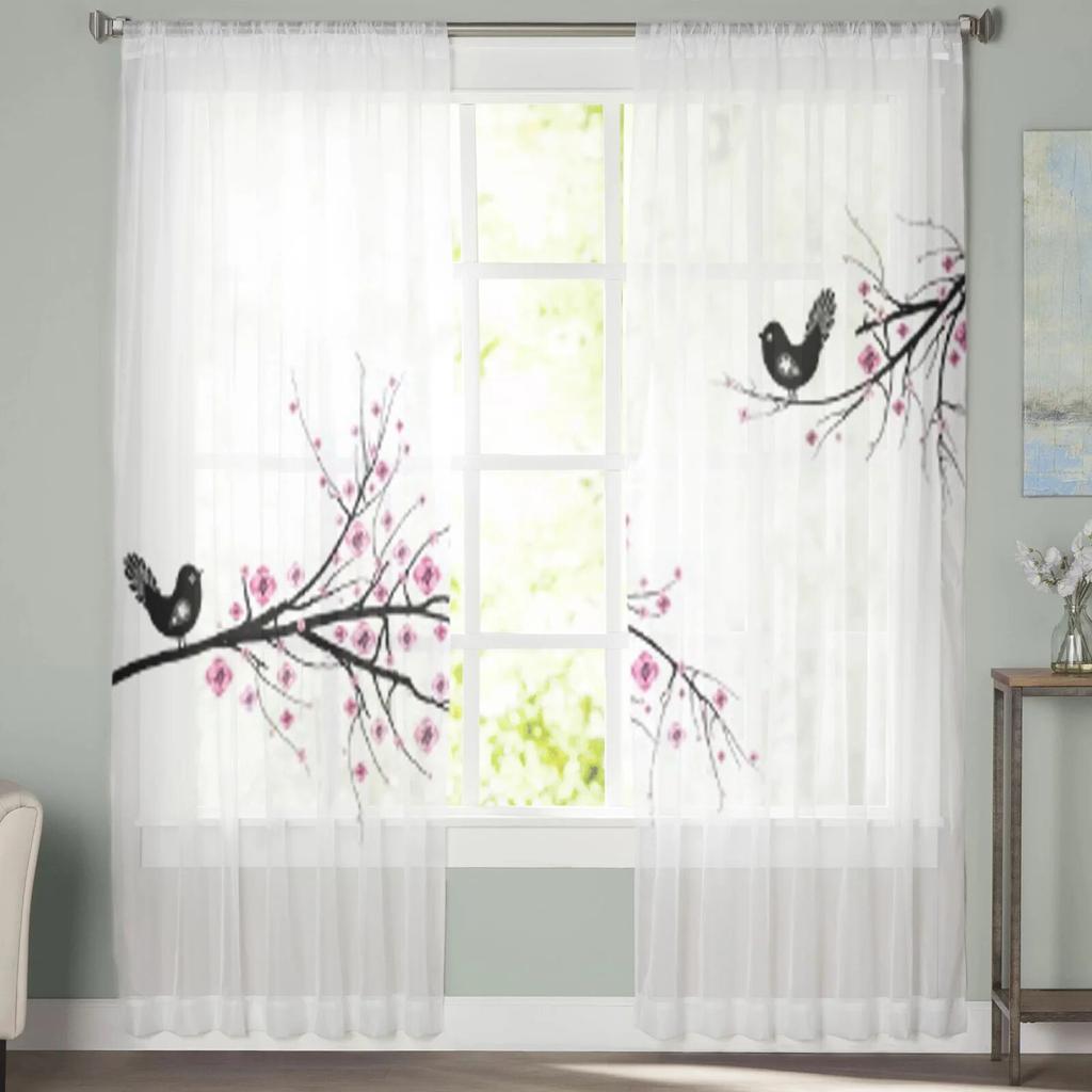 Beautiful Blossom Cherry And Birds Tulle Curtain For Living Room Sheer Valance Curtain For Kitchen Bedroom Window Drapes