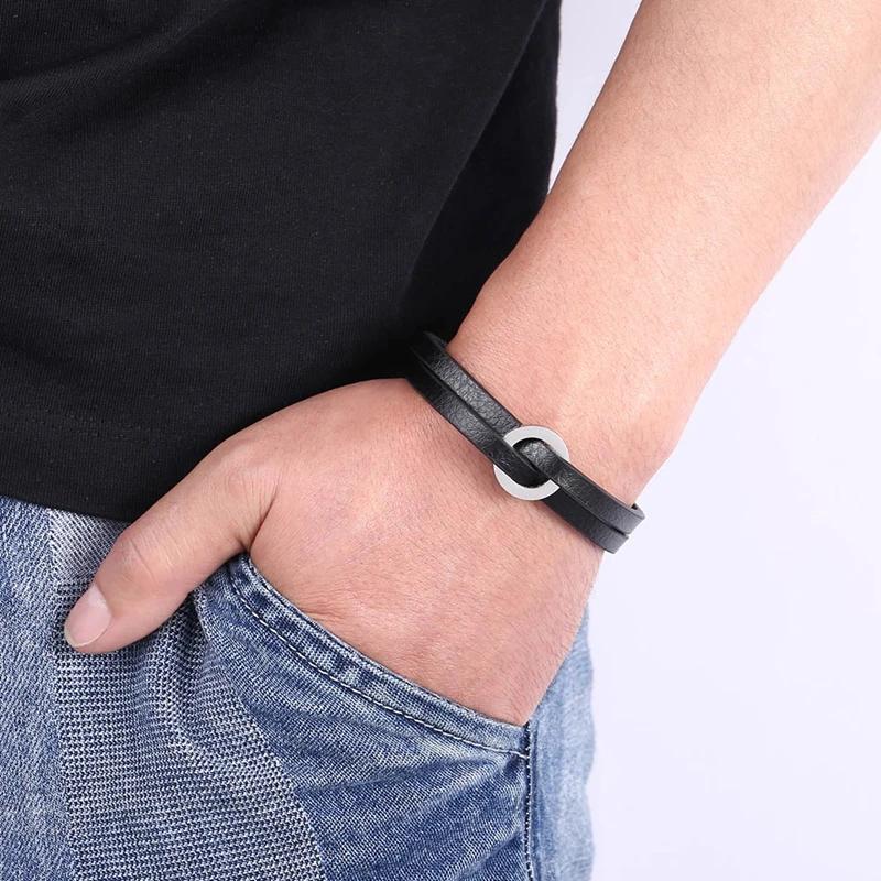 Fashion Double Layer Leather Hand Bracelet for Men Women Charm Stainless Steel Bangles Couples Jewelry Wristband Gift
