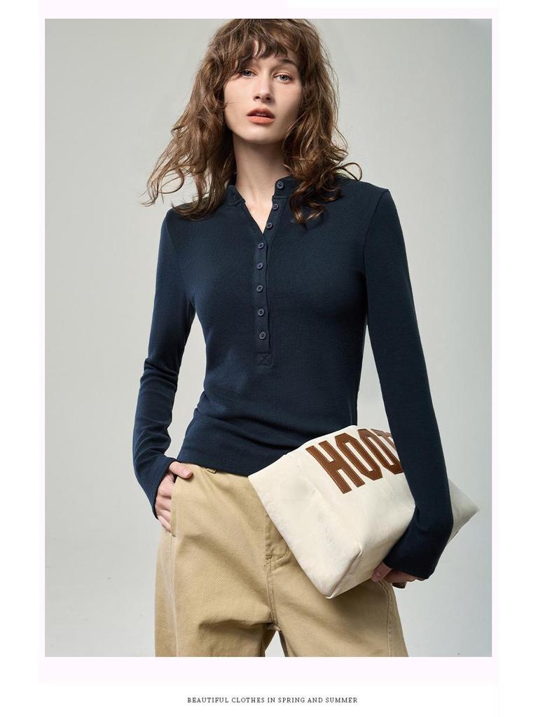 2025 Autumn Women's Long Sleeve Henley Top - Slim Fit Knit with Button Detail